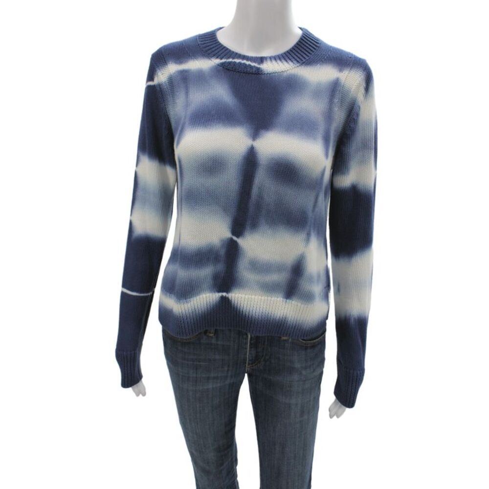 360 Sweater Womens Pullover Crew Neck Blue Striped Cotton Long Sleeve Size XS
